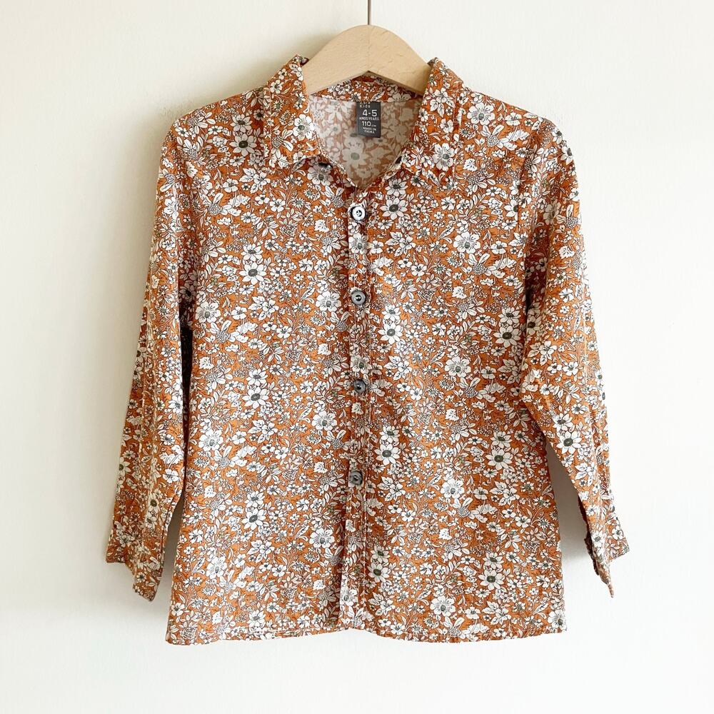 Zara Kids Shirt Unisex 4-5 Floral Print Long Sleeve Button Front Gender Neutral